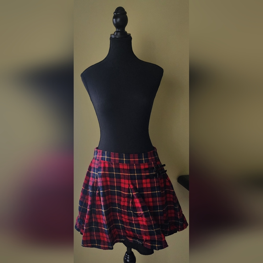 Twik red plain flannel mini skirt with leather strap details